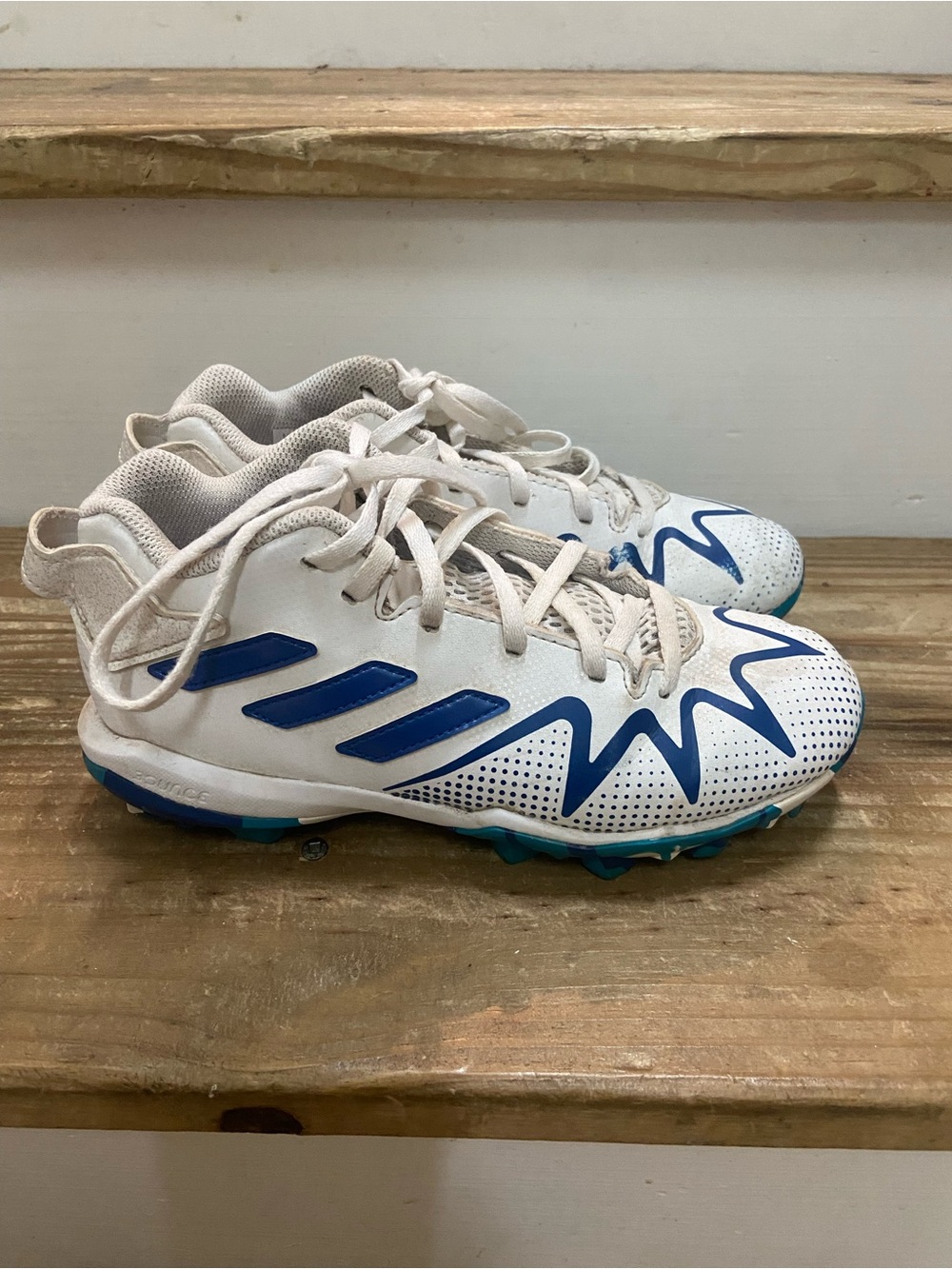 White and Blue Kids Cleats - Athletic ADIDAS Shoes 2.5 youth sports